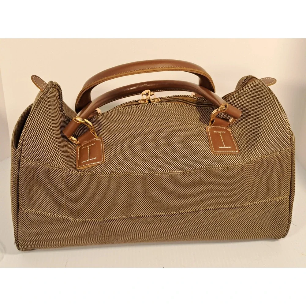 London Fog Brown Woven Satchel Bag Faux Leather Trim Gold Hardware Medium